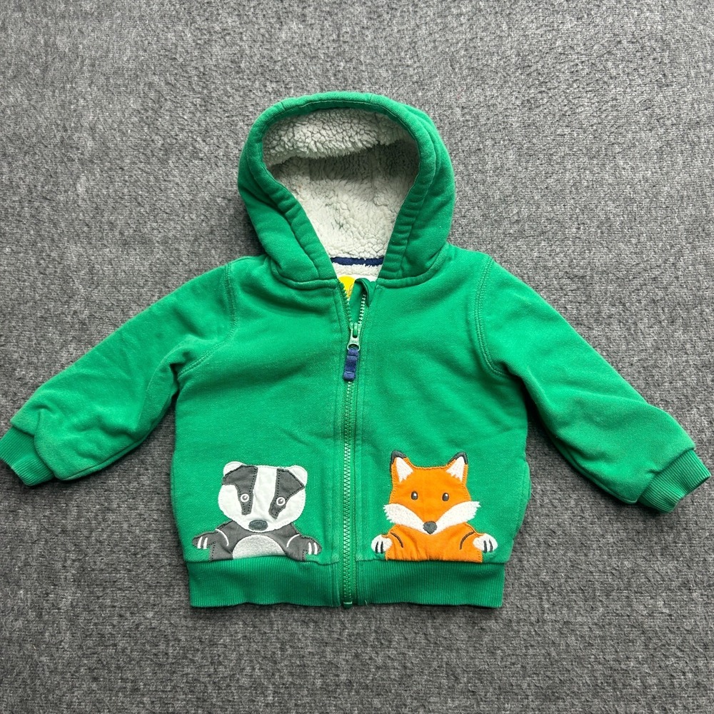 Baby Boden Hoodie Green Raccoon Fox Applique Kids Size 9-12M‎ Full Zip Boys